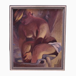 Femme Lavant, Peinture à l'Huile, Encadrée