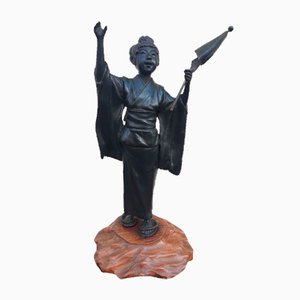 Japanese Artist, Meiji Sculpture of Young Woman with Parasol, 19th Century, Bronze