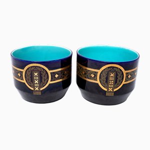 19th Century Sarreguemines Pots in Golden Geometry in the style of Blues of Longwy, Set of 2