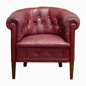 Swedish Crimson Red Chesterfield Club Lounge Chair in Patinated Leather, 1930s
