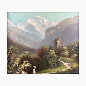 The Ruine Undspunnen and the Jungfrau, Huile sur Carton, 19ème Siècle