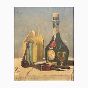 Henri Hébert, Fumare la pipa e bere vino, 1893, Olio su cartone