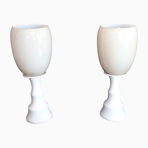 Vintage Bedside Lamps with Turned White Painted Wooden Foot with Cream-Colored Glass Shade, 1970s, Set of 2