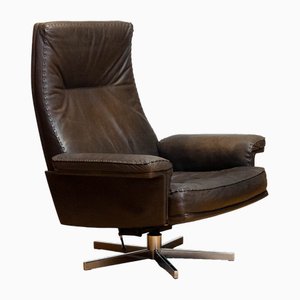 Handstitched Brown Leather Swivel Chair with Chrome Base attributed to De Sede Ds-35 from De Sede, 1970s