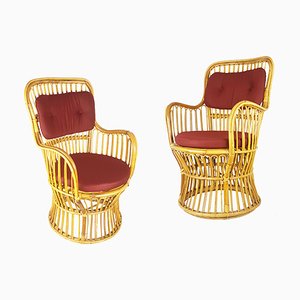 Mid-Century Italian Rattan & Burgundy Wool Seat & Back Armchairs, 1960s, Set of 2