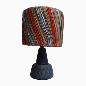 Vintage Table Lamp with Blue Patterned Ceramic Foot and Fabric Covered with Colored Raffia, 1970s