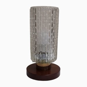 Vintage Bedside Lamp with Round Teak Foot and Patterned Glass Shade on Brass Mount, 1970s