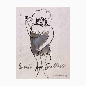 Dessin à l'Encre et Aquarelle de Mino Maccari, I Vote For Guttuso, 1975