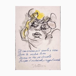 Mino Maccari, Communism Came to Me to Boredom, Charcoal & Watercolour Drawing, 1980