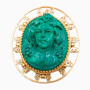 Vintage 18K Yellow Gold Brooch with Malachite Cameo, 1960s