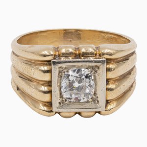 Vintage 18k Yellow Gold 1Ct Cut Diamond Mens Ring, 1950s