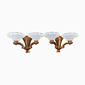 French Art Deco Copper and Opalescent Glass Sconces by Ezan, 1930s, Set of 2
