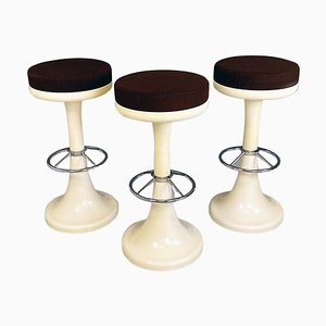Italian Space Age White Plastic, Brown Fabric and Chromed Steel High Stools, 1970, Set of 3