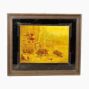 German Artist, Humoristic Scene Featuring Wild Boars and a Painter, Oil Print, Framed