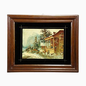 Antique Oil Print with Bear Hunt Scene After Heinrich Buerkel, 19th Century