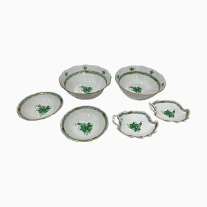 Chinese Bouquet Apponyi Green Porcelain Bowls and Dish Set with Leaf Decoration from Herend, Hungary, 1960s, Set of 6