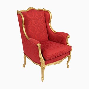 Antique Louis XV Revival Bergere-Shaped Giltwood Armchair, 19th Century