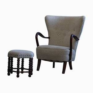 Set of Danish Modern Lounge Chair with Footstool in Beech by Slagelse Mobelvaerk, 1960s