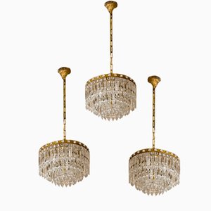 Vintage Brass Ceiling Lights with Crystal Drops, 1950s, Set of 3