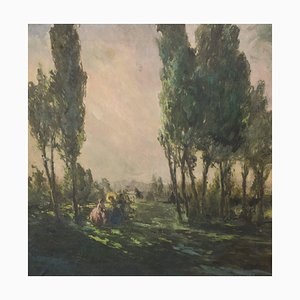 Classica dame in un paesaggio, anni '50, olio su tela, con cornice