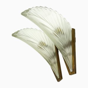 Art Deco French Feather Shape Frosted Glass Wall Sconces, 1930s, Set of 2