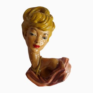 Busto de mujer vintage de cerámica esmaltada de color de Studio MG, años 60