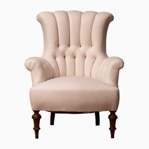 19th Century Victorian White Cotton Deconstructed Tufted Scroll-Back Chair, 1920s
