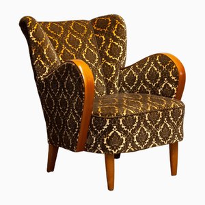 Art Deco Two Tone Velvet Armchair with Elm Armrests, 1940s