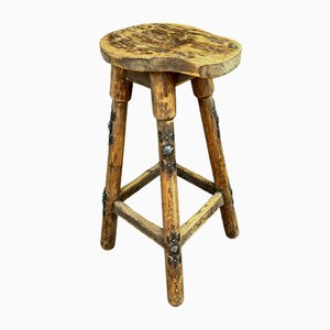 Industrial Rustic Pine Stool with Iron Decoration, 1970s