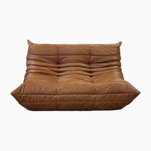 Vintage Tobacco Leather Togo 2-Seater Sofa by Michel Ducaroy for Ligne Roset, 1980s