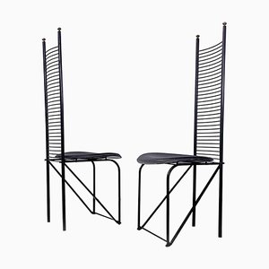 Italienische Moderne Schwarze Metall & Leder Stühle mit Hoher Rückenlehne, 1980er, 2er Set
