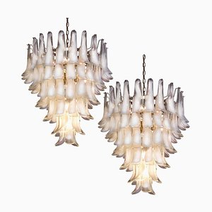 Lampadari in vetro bianco, 75 petali, Murano, anni '90, set di 2