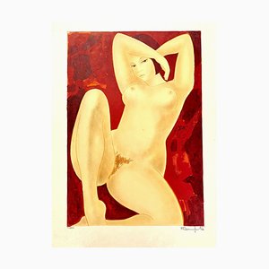 Alain Bonnefoit, Desnudo extendido sobre fondo rojo, 1973, Litografía original