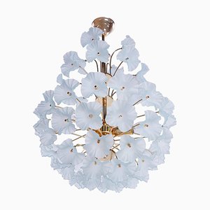 Modernist Hibiscus Bouquet Chandelier in Turquoise Glass Flowers & Brass, 1970s