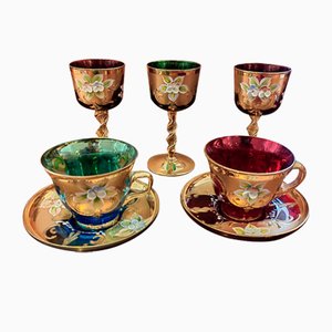 Cups and Glasses in Murano Glass with Gold Leaf, 1950s, Set of 5