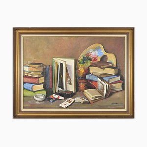 Unknown, Still Life with Palette and Books, Oil on Canvas, 1969, Framed