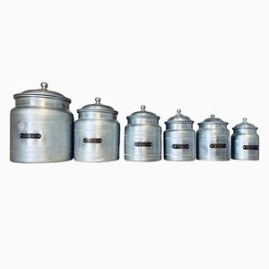Vintage Portuguese Aluminum and Brass Kitchen Storage Canisters, 1960s, Set of 6