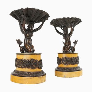 Bronze and Yellow Siena Marble Dishes on Stands, Set of 2