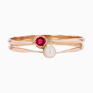 French 18 Karat Rose Gold You and Me Ring with Garnet Fine Pearl