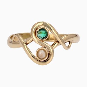 French 18 Karat Yellow Gold You and Me Ring with Fine Pearl and Emerald