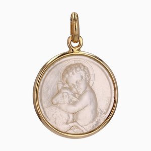 French 18 Karat Yellow Gold Angel with Lamb Medal Pendant in Mother-of-Pearl