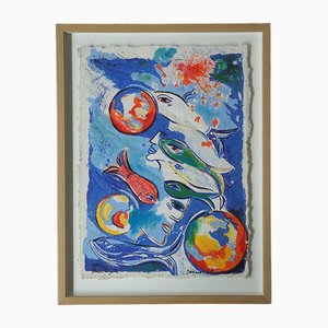 Dagmar Glemme, Composition with Fish and Faces, Lithographie Couleur, Encadré