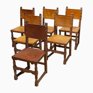 Swedish Folk Art Farm County Dining Table in Pine with Six Chairs in Leather, 1890s, Set of 7