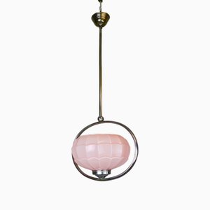 Art Deco Portuguese Steel and Pink Opaline Glass Hanging Lamp, 1960s
