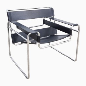 Fasem Wassily Chair #2 Armlehnstuhl aus schwarzem Kernleder von Marcel Breuer