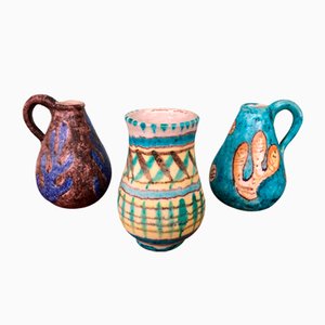 Italian Hand-Decorated Glazed Polychrome Terracotta Vases from La Vietrese, Set of 3
