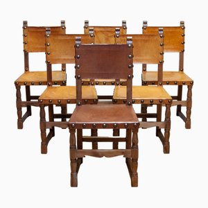 Folk Art Farm County Swedish Dining Chairs in Pine and Tan Leather, 1890s, Set of 6