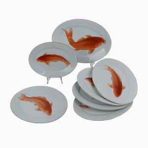 Platos para servicio de pescado vintage de porcelana bávara con decoración japonesa, años 60. Juego de 7