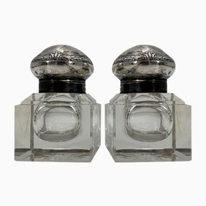 Art Nouveau Ink Barrel in Crystal Glass and 800 Silver by Wilhelm Theodor Binder, 1890s, Set of 2