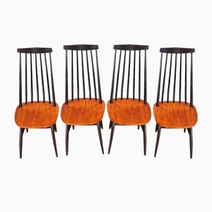Set of 4 Scandinavian Teak Chairs with High Bars, Ilmari Tapiovaara Design, 60s attributed to Ilmari Tapiovaara, 1960s, Set of 4